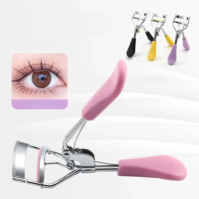 A silver eyelash curler with pink handles and multiple tips is shown alongside a close-up of curled eyelashes.