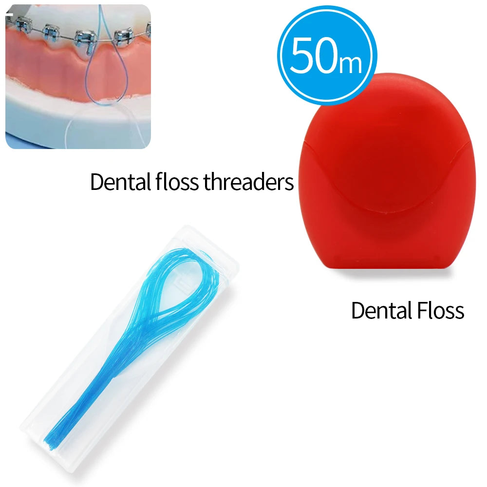 A red dental floss threader tool and a clear plastic floss applicator are shown for orthodontic use.