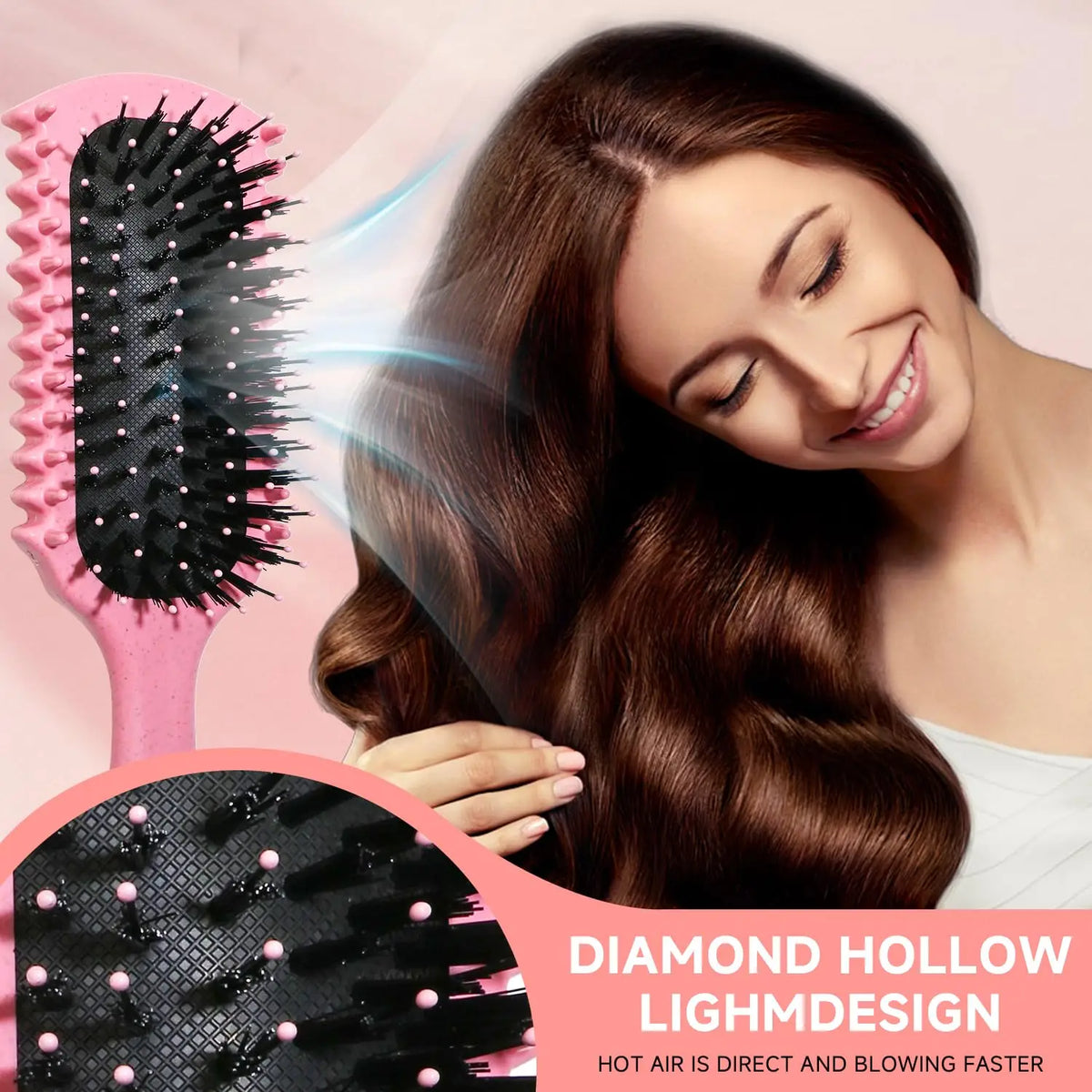 Une femme utilise un peigne rose sur ses longs cheveux bruns, démontrant le design de l'alvéole diamant.