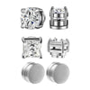 A set of 6mm crystal magnetic stud earrings for men shown in various styles and packaging.