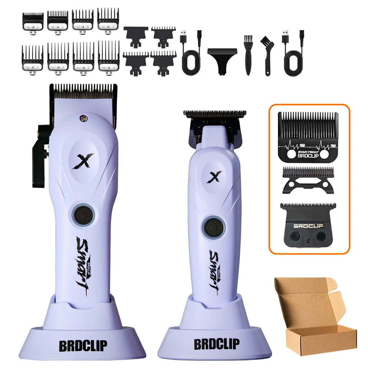 A purple hair grooming kit featuring a main device and various attachments for professional hair grooming.