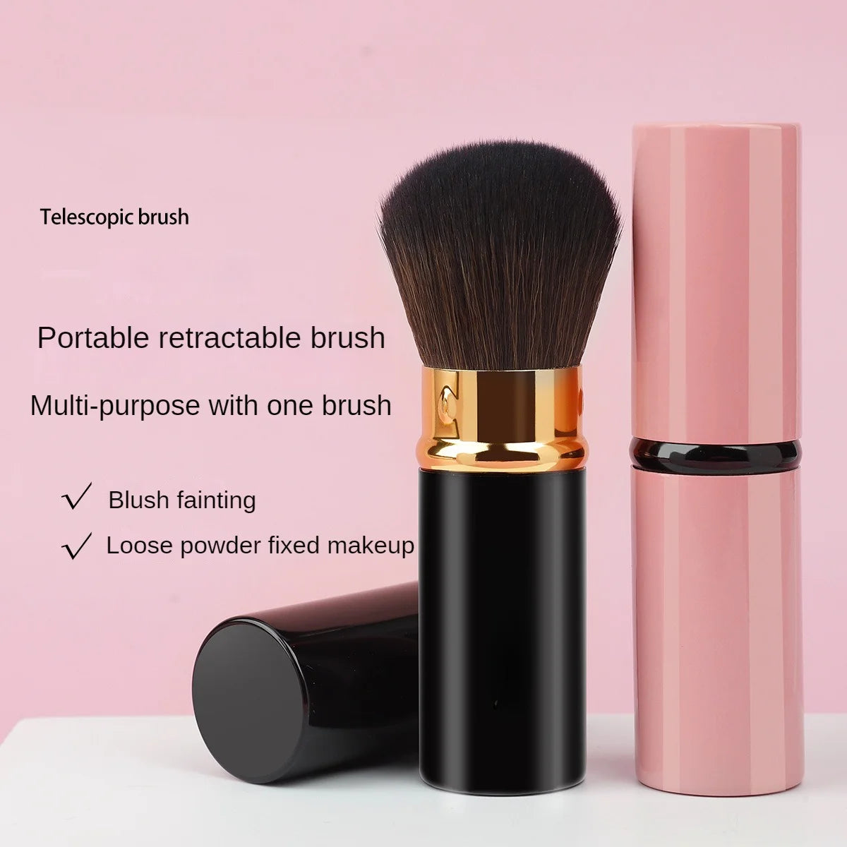 Pinceau de maquillage multi-usage portable rétractable, emballage noir et rose.
