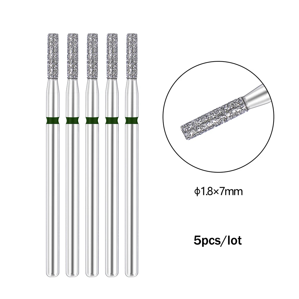 A set of five silver diamond nail drill bits, each 1.8x7mm, packaged for professional manicures.