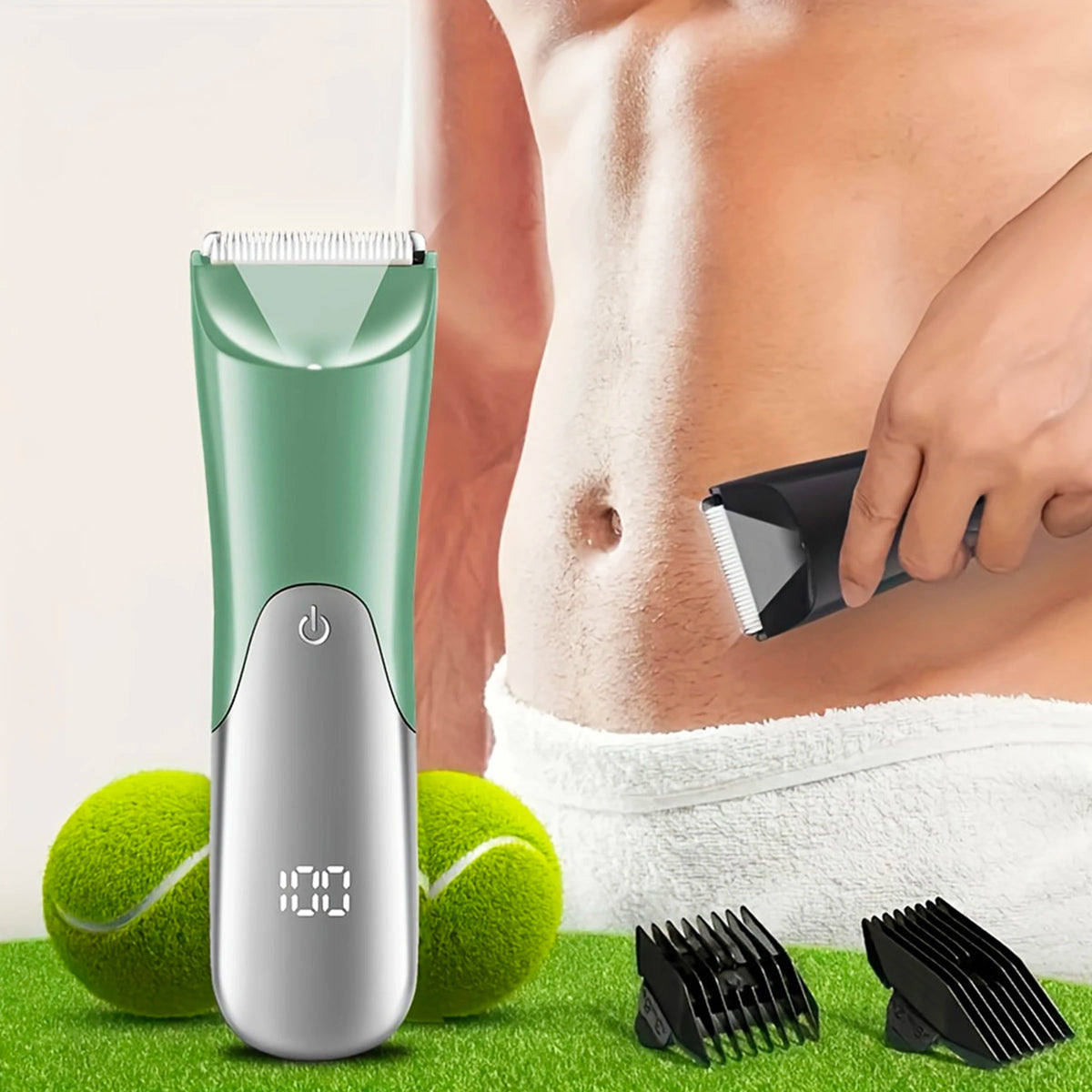 A silver body hair trimmer is shown next to green balls on a green surface, with a hand trimming skin.