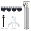 A set of professional beard shaver attachments including various guards and a cleaning brush with an USB cable.