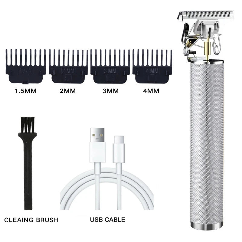 A set of professional beard shaver attachments including various guards and a cleaning brush with an USB cable.