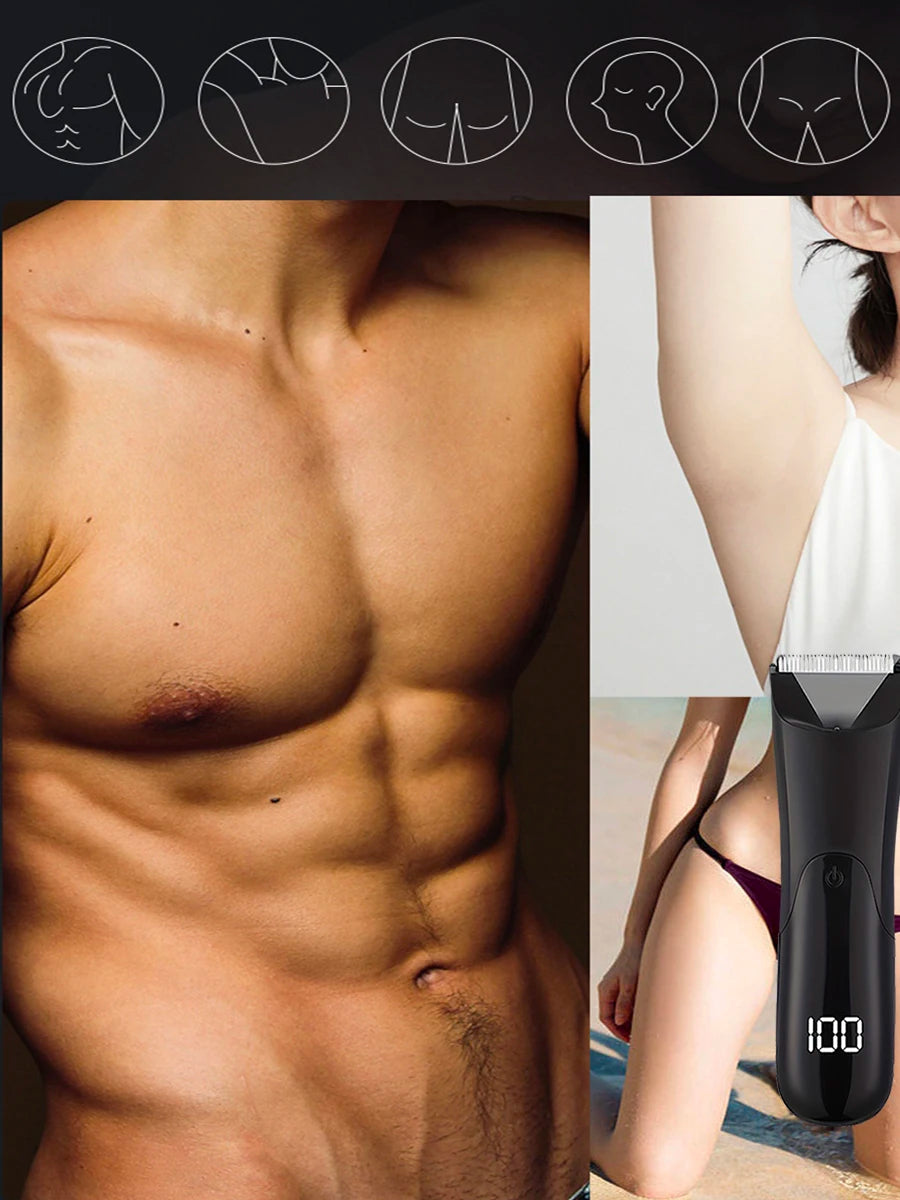 A close-up of a black body hair trimmer device next to a muscular torso.