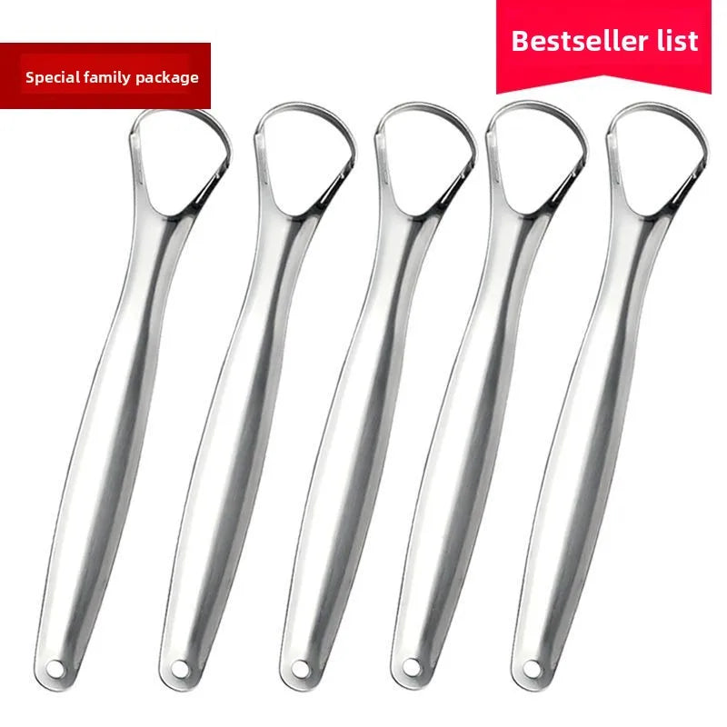 A set of stainless steel tongue scrapers for fresh breath, shown in a row.