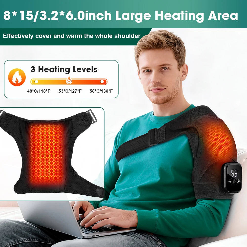 A man is using an electric shoulder heating and vibration massager on his shoulder while sitting down.