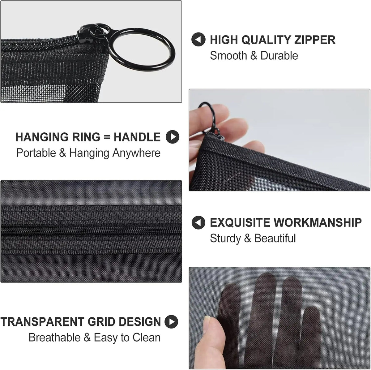 Trois sacs cosmétiques en filet noirs avec fermeture éclair, poignée à anneau et grille transparente.