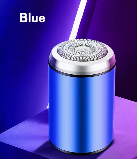 A silver compact electric beard trimmer is shown against a purple and blue background.