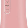 A pink portable electric water flosser with a clear reservoir and a silver nozzle.