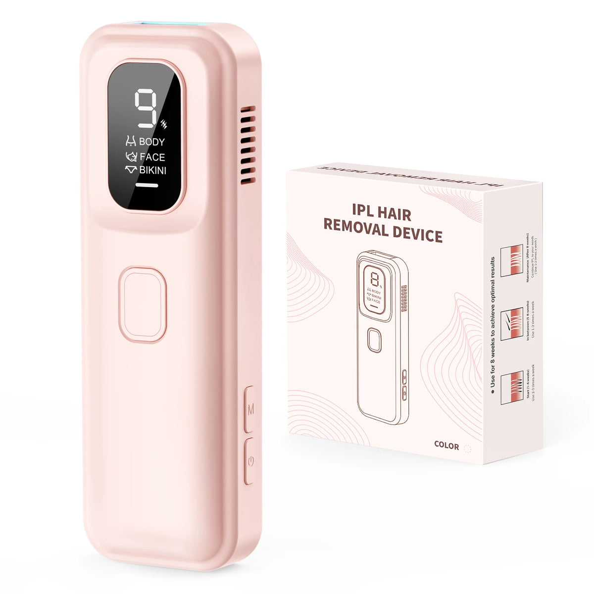 A pink IPL hair removal device is shown next to its packaging box.
