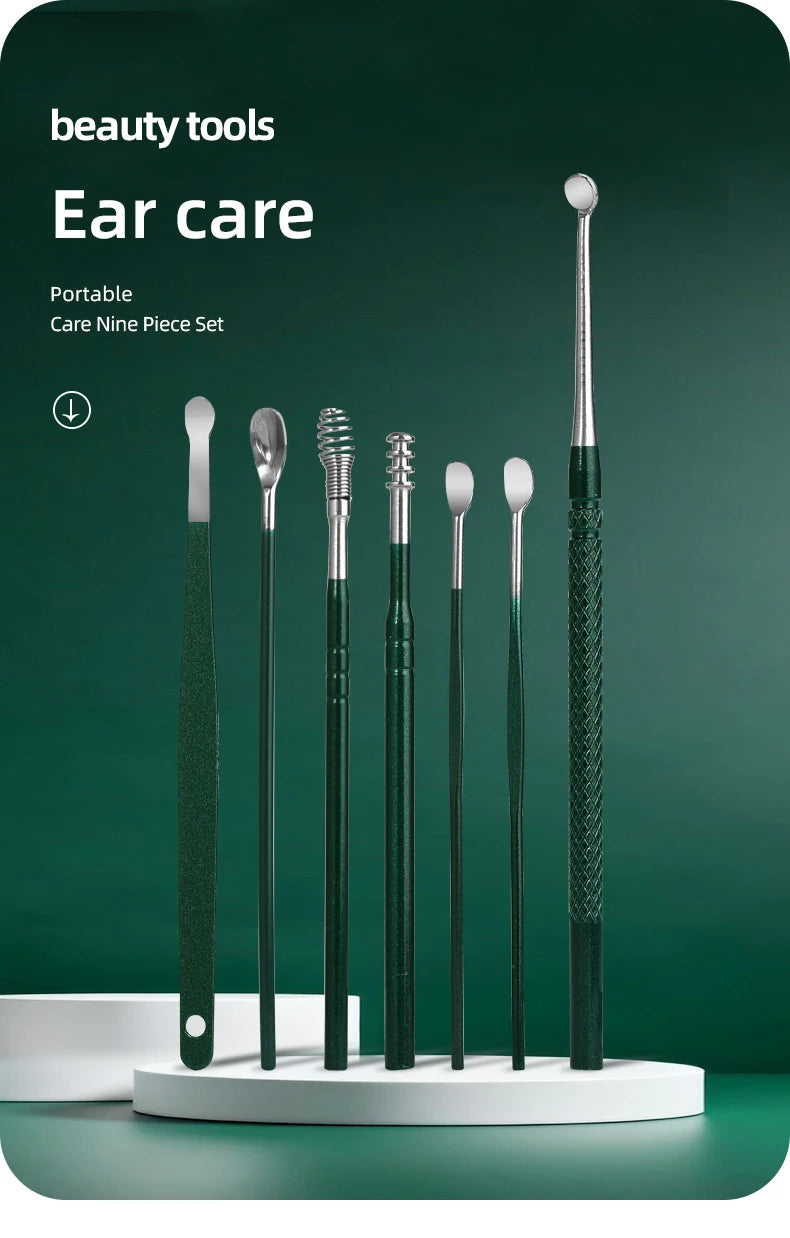 A set of nine portable beauty tools for ear care displayed on a white stand.