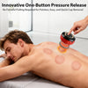 A hand applies a one-button pressure release device to the back of a man for muscle relief.