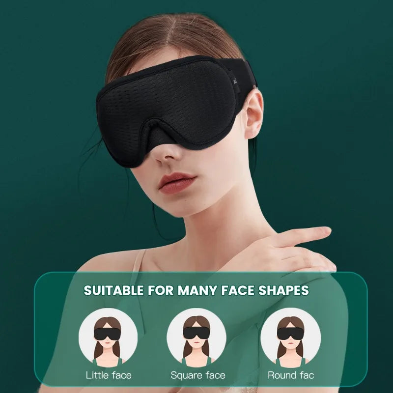 A woman wearing a black 3D sleeping eye mask demonstrating its suitability for different face shapes.