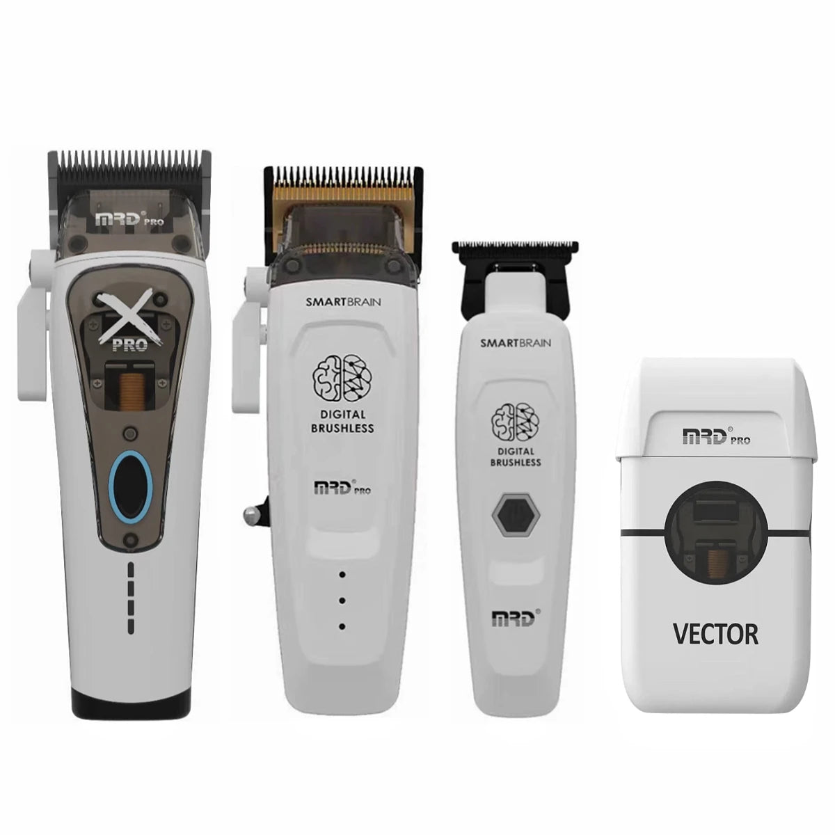 Three white electric hair clippers with black and silver accents, including a digital brush model.