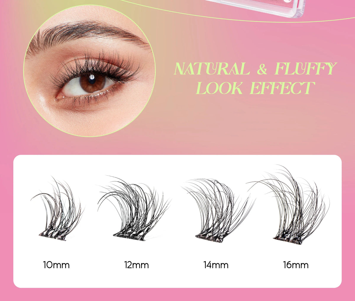 Demonstration of natural and fluffy look effect with various lengths of eyelash extensions from 10mm to 16mm