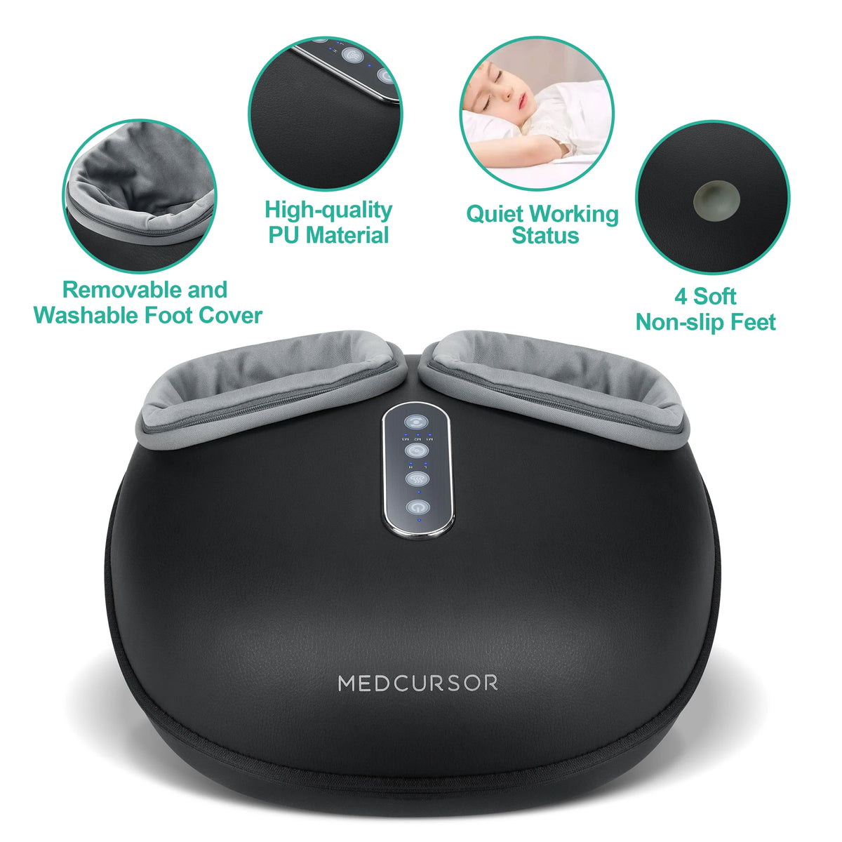 Black Medcursor shiatsu foot massager with removable foot cover and soft non-slip feet