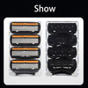 A set of precision stainless steel razor blades packaged in a clear plastic case.
