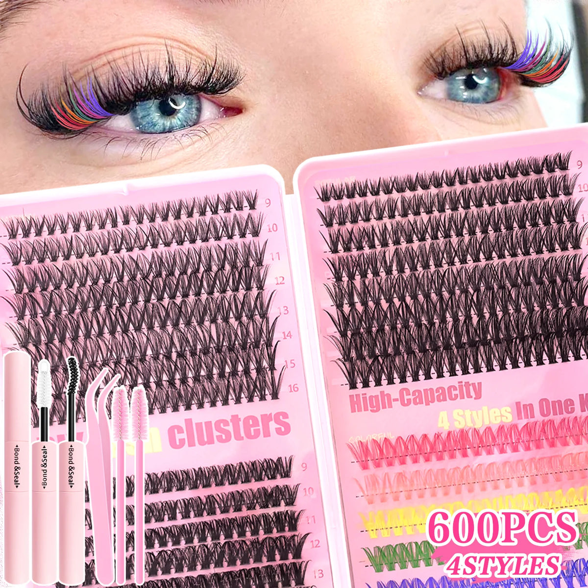 A close-up of a pink mixed cluster false eyelash kit with various lash styles and clusters shown next to an eye.