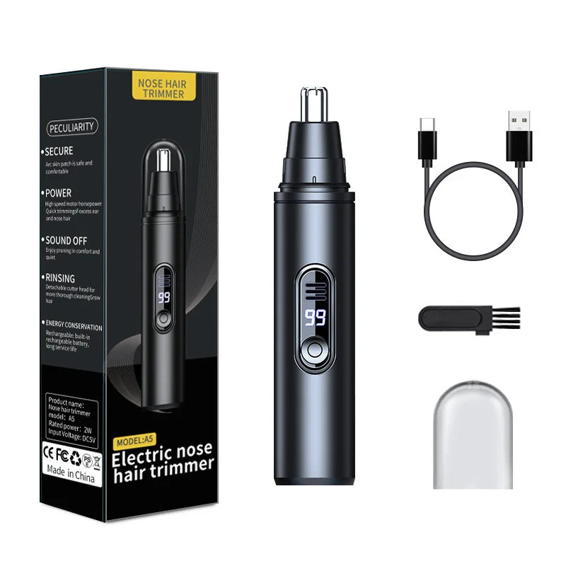 A black USB rechargeable electric nose hair trimmer with a detachable head and charging cable.