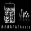 A clear plastic case holds 120 frosted French false nails with a natural finish, displayed alongside individual nails.