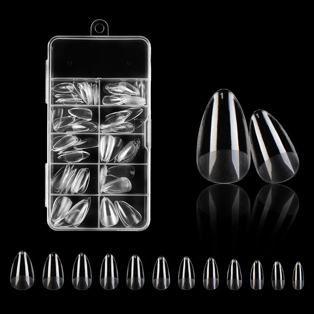 A clear plastic case holds 120 frosted French false nails with a natural finish, displayed alongside individual nails.