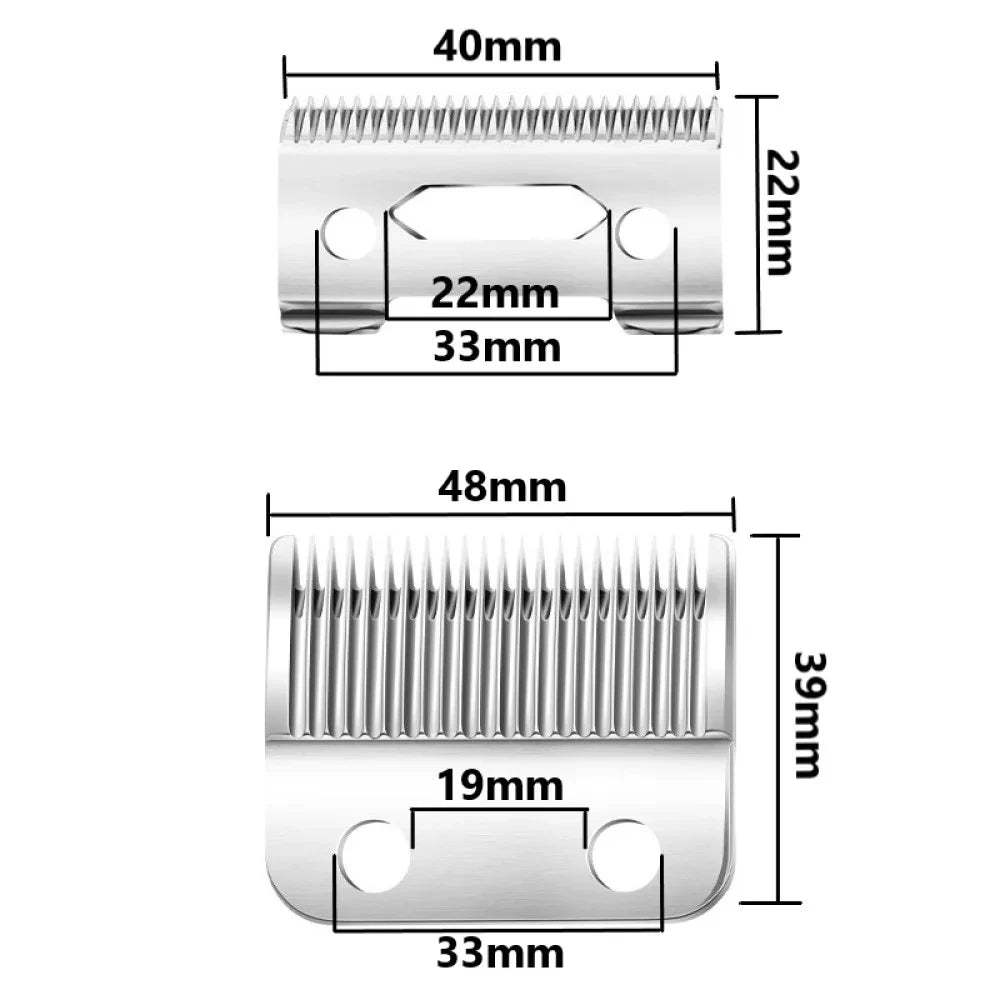 A diagram showing two sizes of a professional rechargeable hair clipper trimmer, with dimensions for each model.