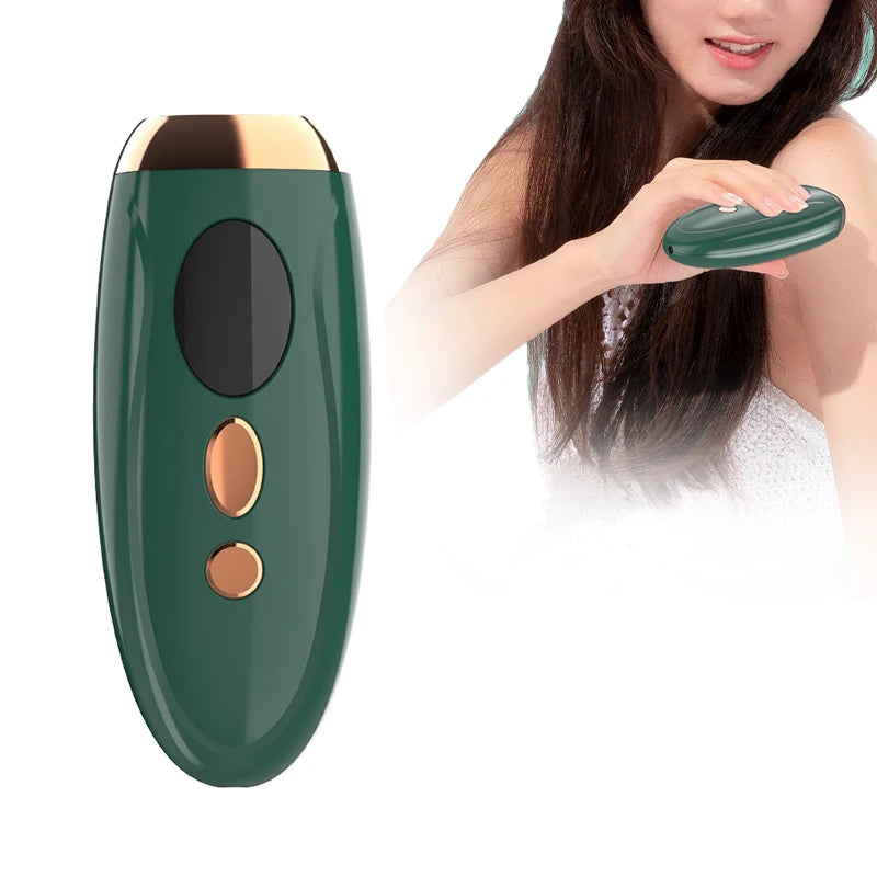 A woman is holding a green electric hair removal epilator device.