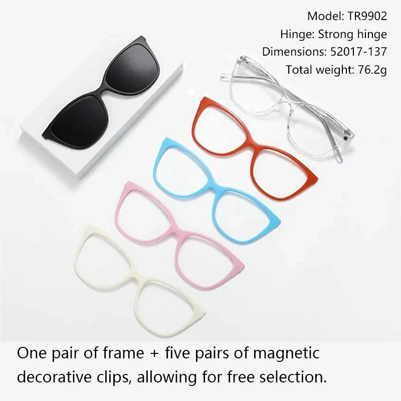 A pair of black eyeglasses is shown alongside five pairs of colorful magnetic decorative clips.