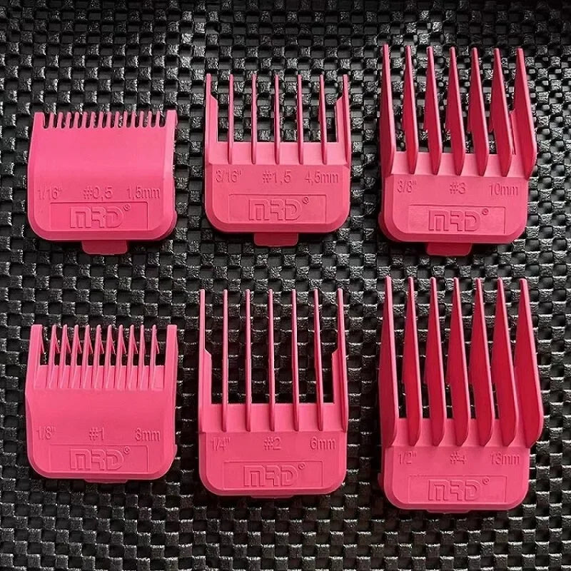A collection of pink electric hair clipper guards with various sizes and teeth.