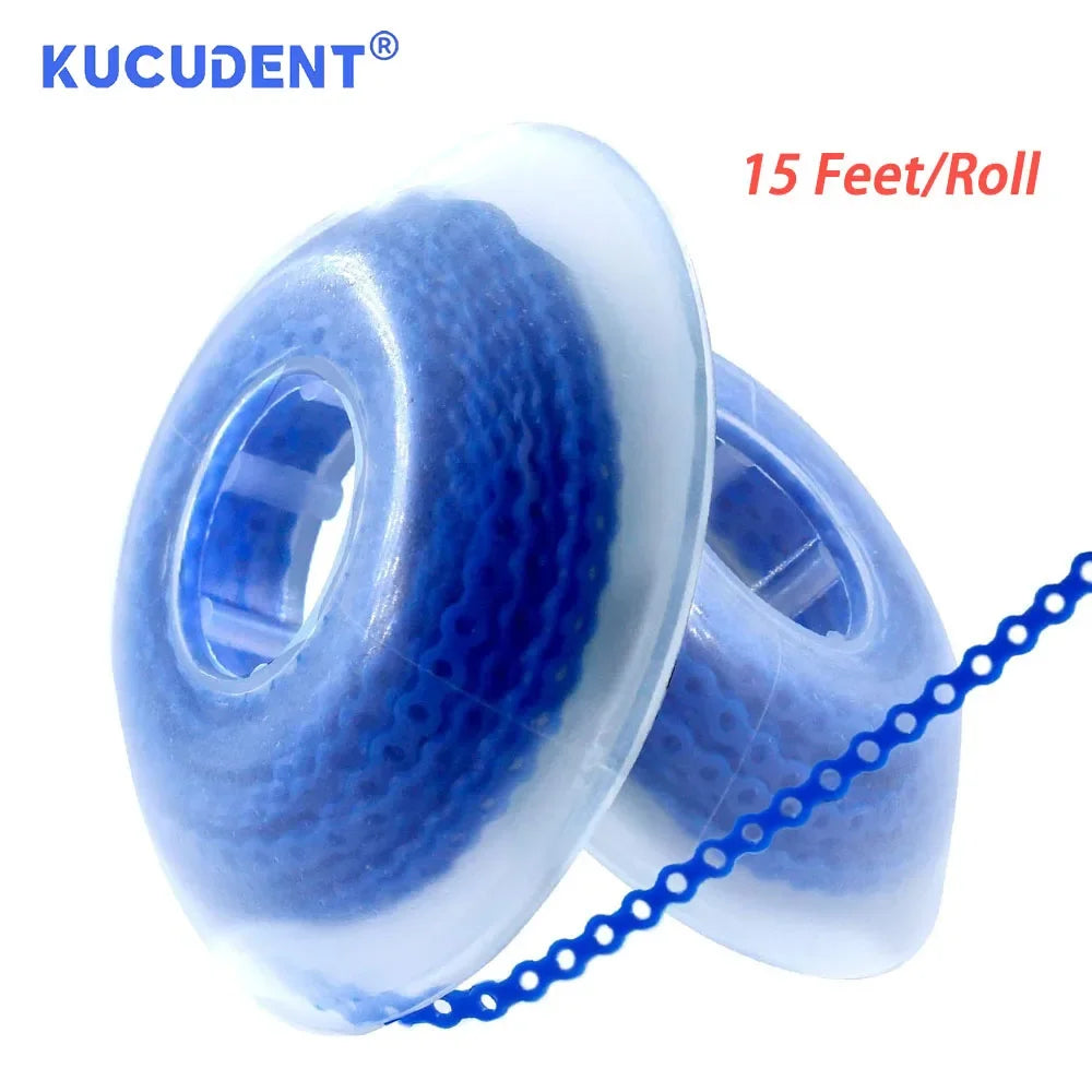 A roll of blue dental orthodontic power chain elastic rubber bands