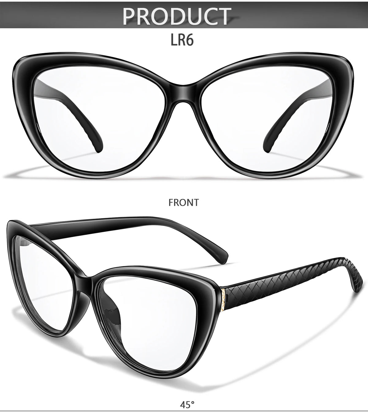 Black LR6 reading glasses shown from the front and side view.