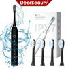 A white sonic electric toothbrush with black handle and bristles is shown next to its packaging.