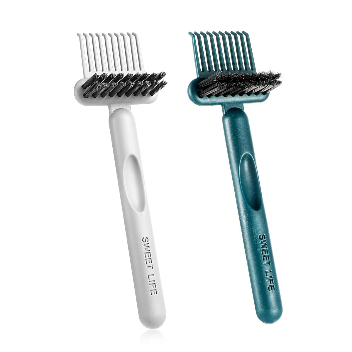 A pair of teal and white 2-in-1 hair brush cleaning comb tools.