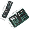 A green professional stainless steel manicure and pedicure kit with various tools displayed in a travel case.