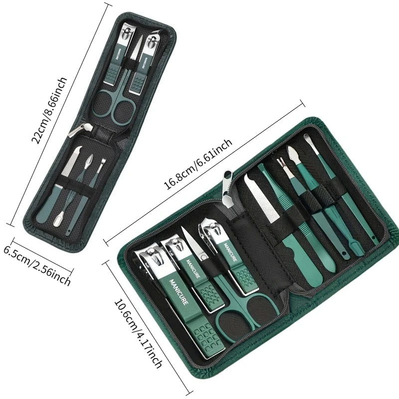 A green professional stainless steel manicure and pedicure kit with various tools displayed in a travel case.