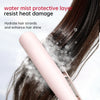 A pink steam flat iron is applying a water mist protective layer to dark hair strands.
