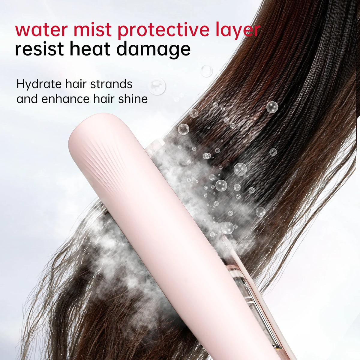 A pink steam flat iron is applying a water mist protective layer to dark hair strands.