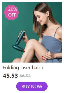 A woman is using a folding laser hair removal epilator on her leg.