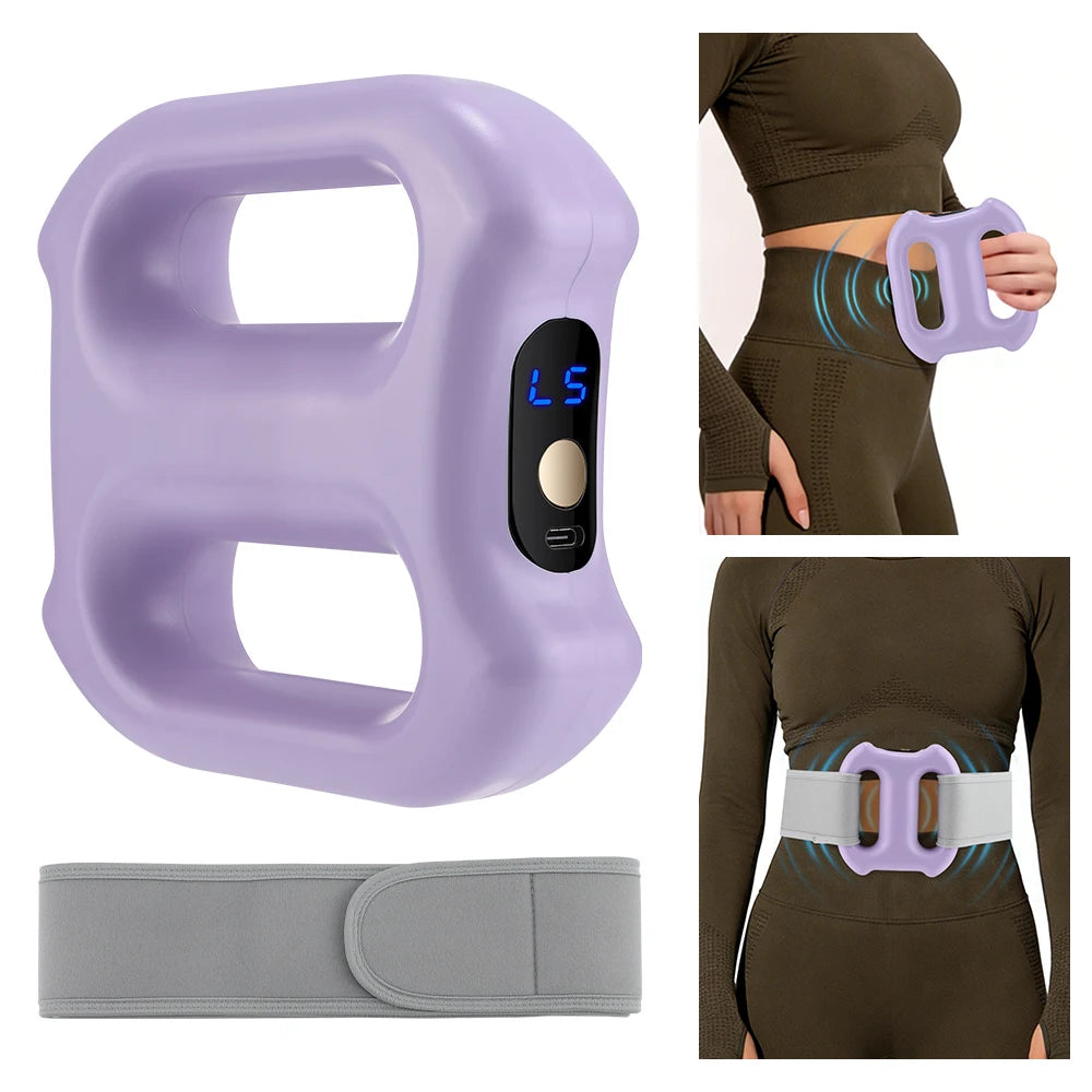A purple electric body vibration massager device and a gray strap shown in various views.