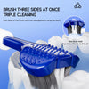 A blue U-shaped electric toothbrush head is shown being used on a tooth, demonstrating triple cleaning capability.
