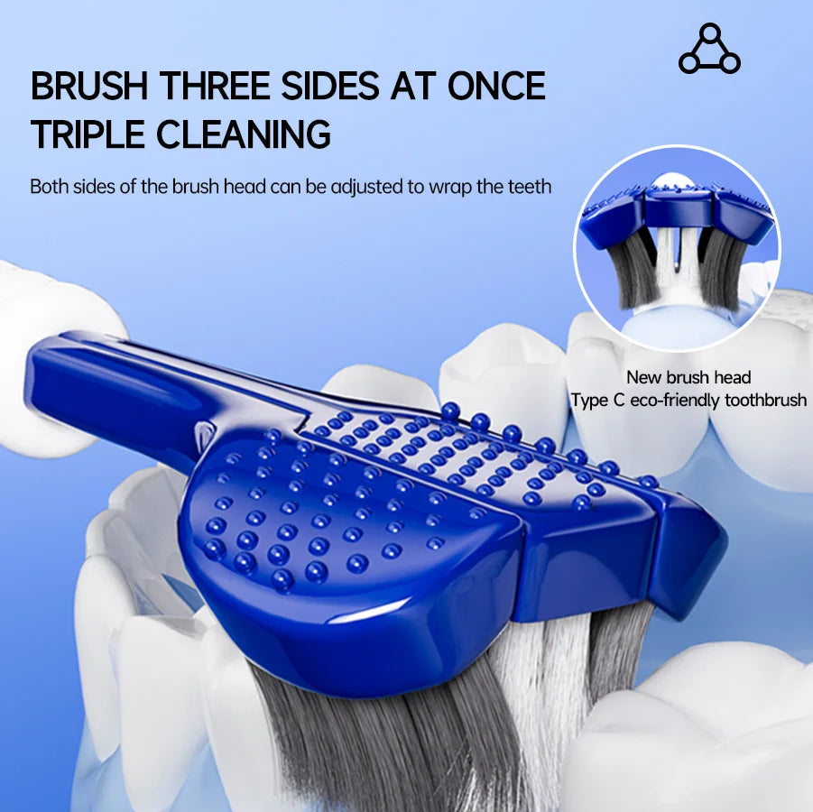 A blue U-shaped electric toothbrush head is shown being used on a tooth, demonstrating triple cleaning capability.