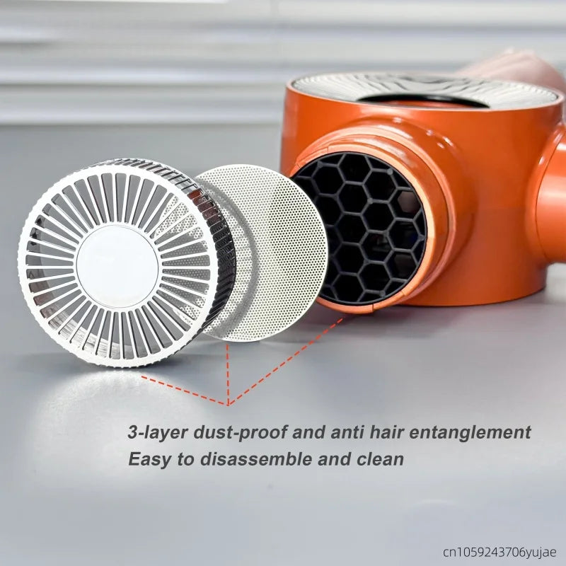 Orange professional salon hair dryer with a removable 3-layer dust-proof and anti hair entanglement grille