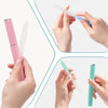 Hands are holding a set of double-sided etched glass nail files in various colors and angles.