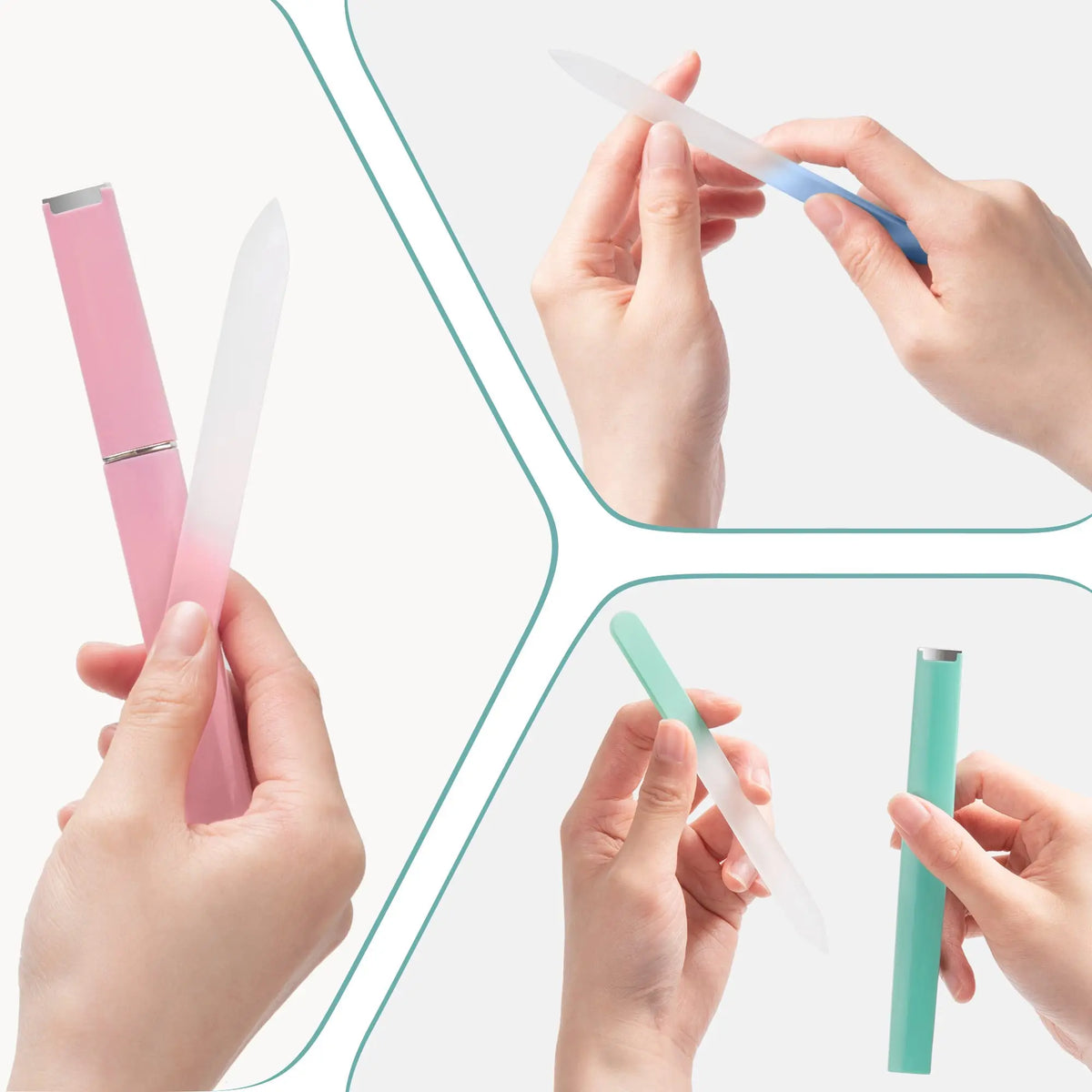 Hands are holding a set of double-sided etched glass nail files in various colors and angles.