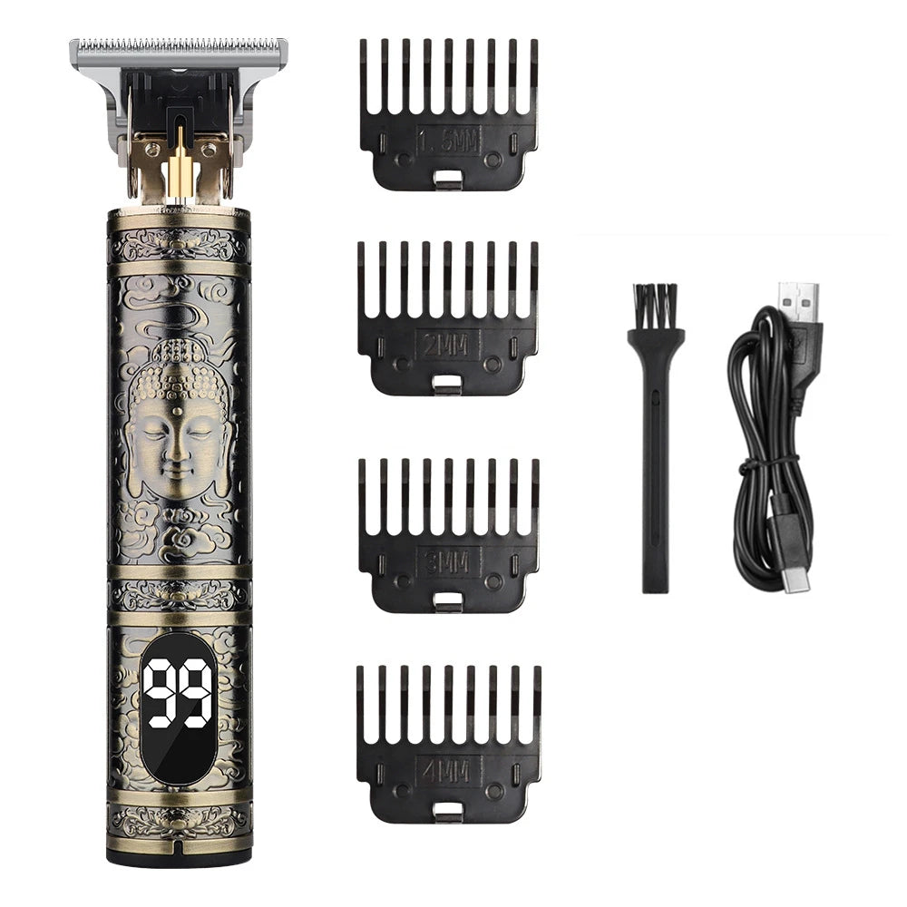 A professional rechargeable hair grooming kit showing various grooming tools and attachments.