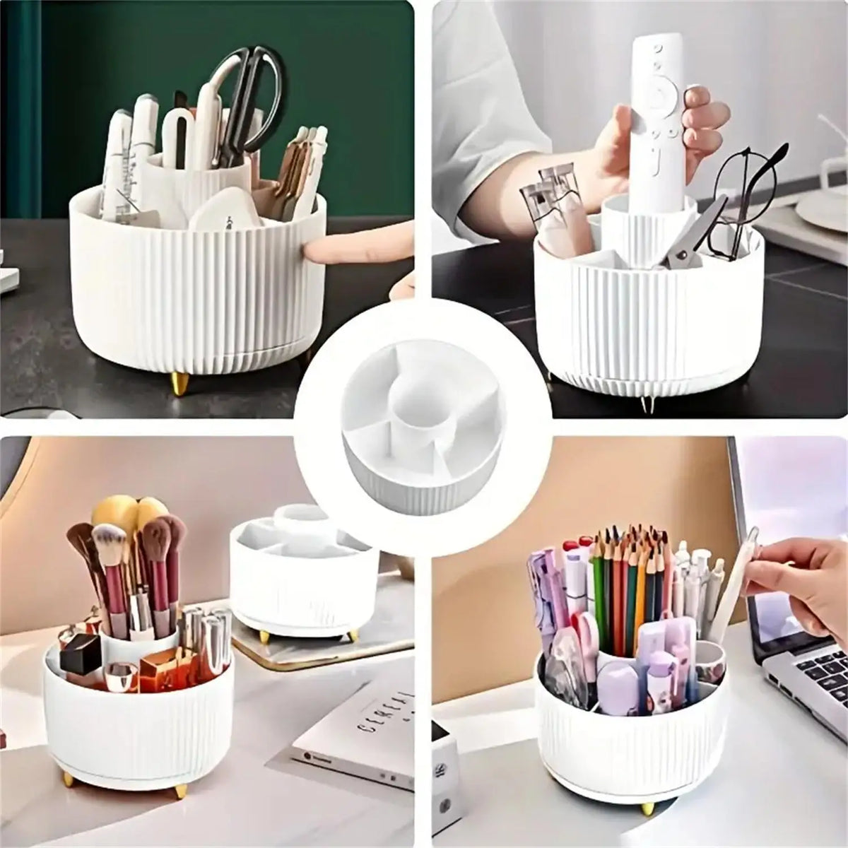 A white 360 degree rotating makeup organizer holding various brushes and tools for cosmetics.