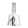 A close-up view of a portable stainless steel nose hair trimmer with a protective guard.
